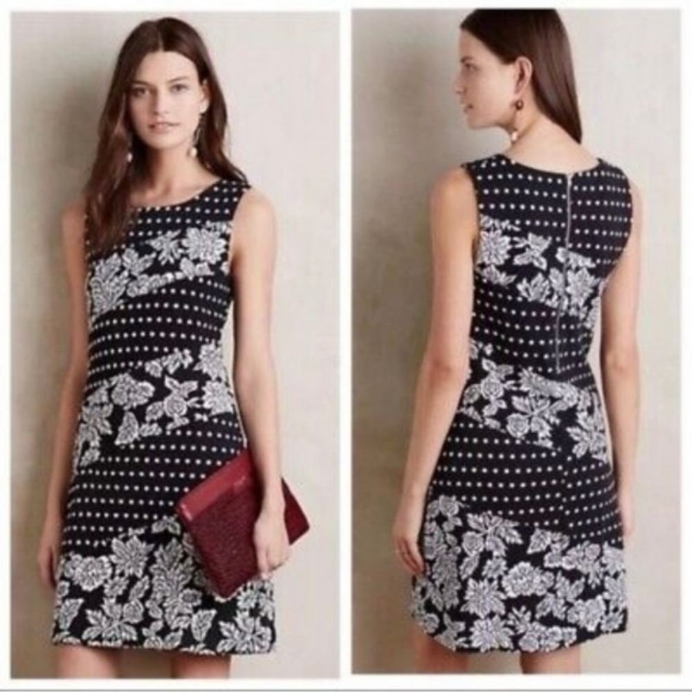 Anthropologie Maeve Black White Polka Dot Floral Sleeveless Dress Small Petite